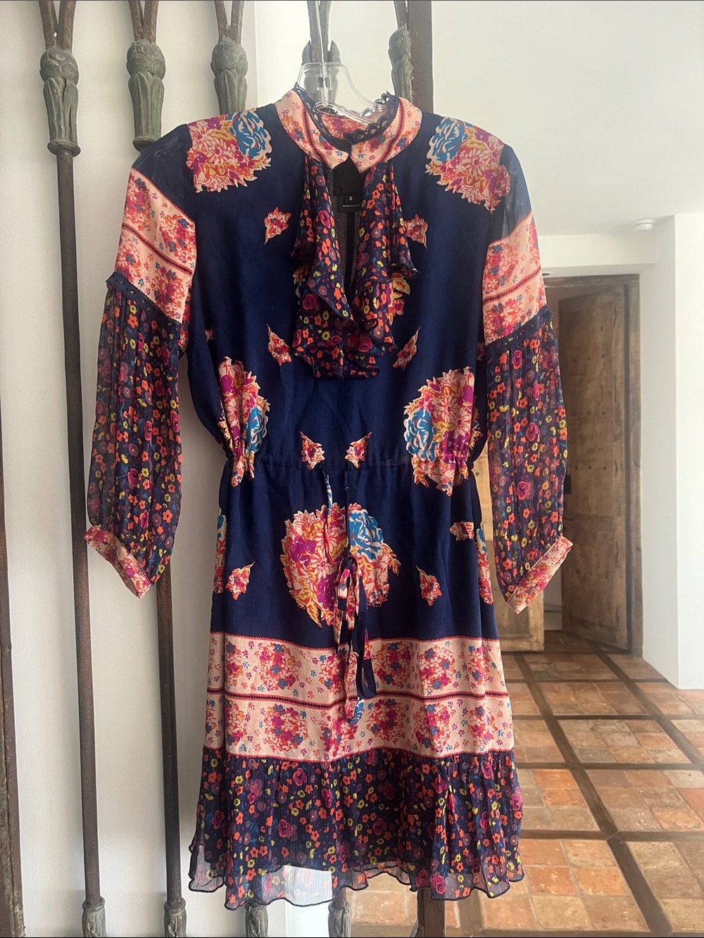 Anna Sui Navy Dress with Pink & Multicolor Floral Print